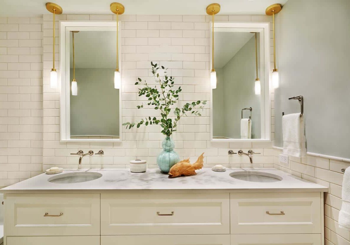 double bathroom vanity and sinks with custom pendant lighting